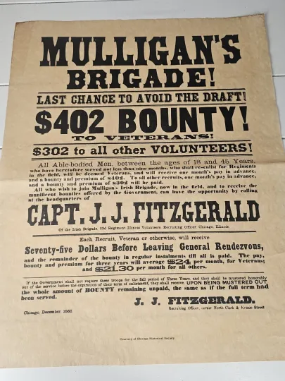 Discover VTG Mulligan's Brigade 1863 Civil War Recruitment Poster 1960s Mid Century Repo