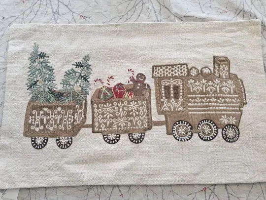 Discover Pottery Barn Gingerbread Train Embroidered Lumbar Pillow Cover 16x26 Holiday NWT