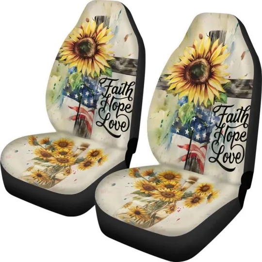 Discover Faith Hope Love Car Seat Cover with Cross Sunflower and American Flag Design