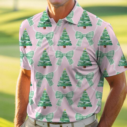 Discover Coquette Bow XMas Tree Polo Shirt, Father's Day Gift, Golf Lovers Short Sleeve Shirt, Dad Birthday Gifts