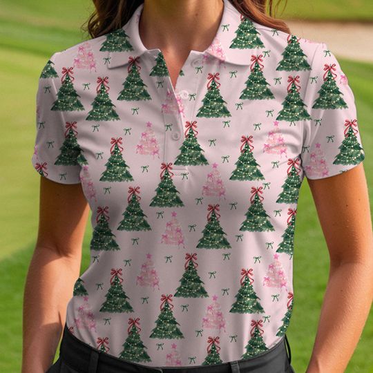 Xmas Tree Coquette Bow Polo Shirt, Father's Day Gift, Custom Golf Lovers Short Sleeve Shirt, Dad Birthday Gifts