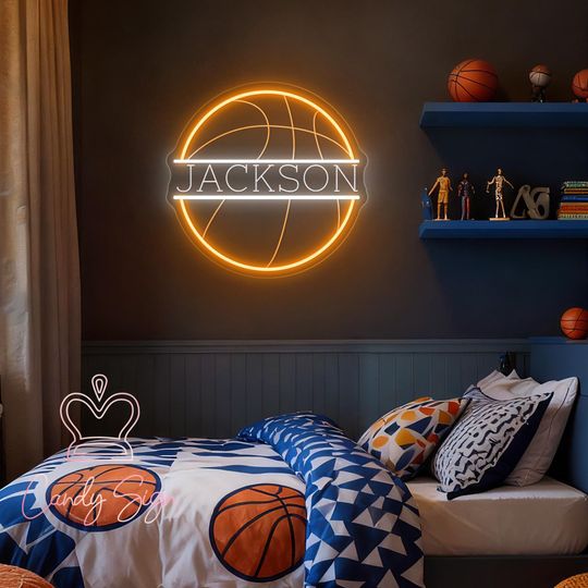 Discover Custom Basketball Name LED Neon Sign For Kids, Boy's Bedroom Nursery Wall Decor, Sports Birthday Party Decor, Basketball Player Gifts