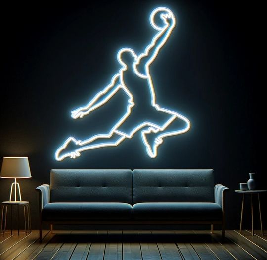 Discover neon basketball player sign, neon dunking basketball player, neon basketball silhouette, basketball player neon light, neon basketball dunk