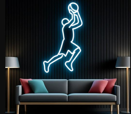 Discover Basketball player neon sign, neon dunking basketball player, neon basketball silhouette, basketball player neon light, neon basketball dunk