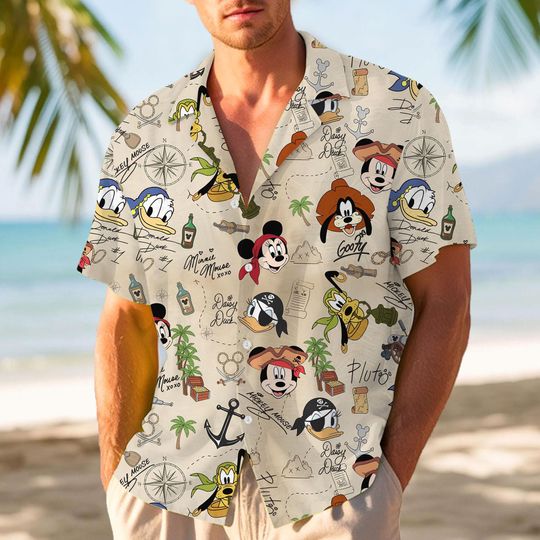 Discover Mickey Minnie Donald Signature Pirate Cruise Line Hawaiian Shirt, Pirates of The Caribbean Button Shirt, Disney Cruise Hawaiian