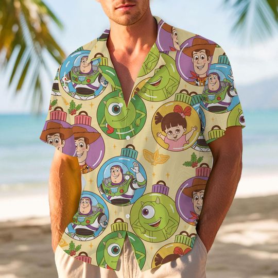 Discover Toy Story Mike Woody Buzz Lightyear In Xmas Ball Hawaiian Shirt, Very Merry Christmas Party Button Shirt, Winter Christmas Disney Shirt