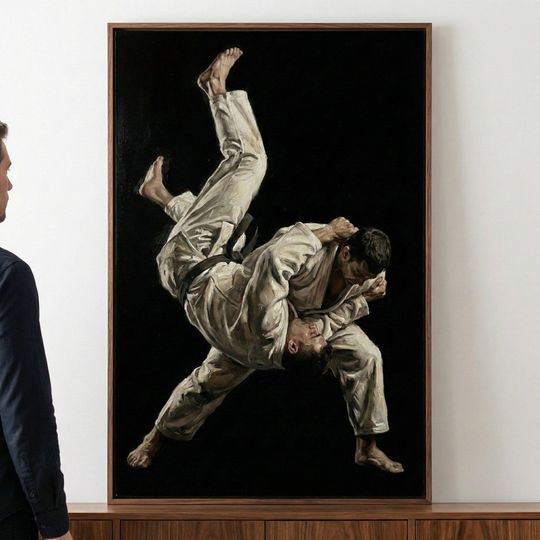 Discover Judo Throw Dramatic Lighting Wall Art, Martial Arts Sport Decor, Black Belt Judo Illustration, Japanese Grappling Print, Dojo Wall Decor