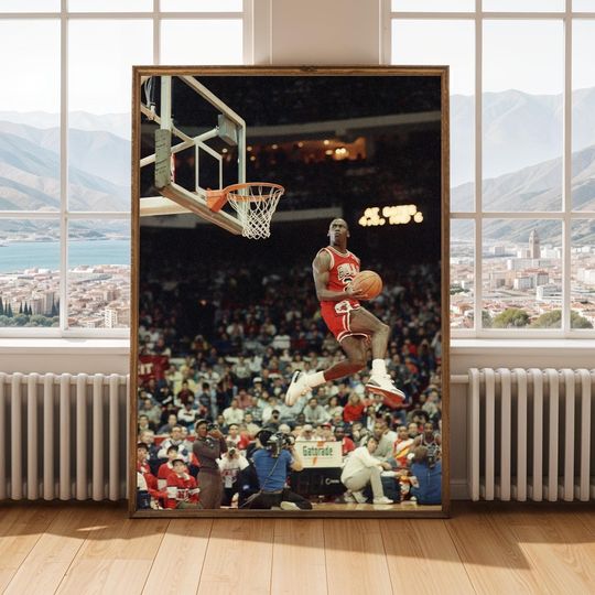 Michael Jordan Iconic Free Throw Line Dunk Poster - Chicago Bulls Legend Air Jordan Vintage Basketball Wall Art Print