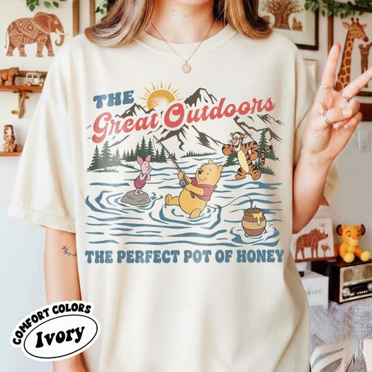 Discover The Great Outdoors Winnie The Pooh Shirt, Disney Camping Adventure Tee, Pooh Bear Fishing Graphic Shirt, Disney Nature Trip Tee