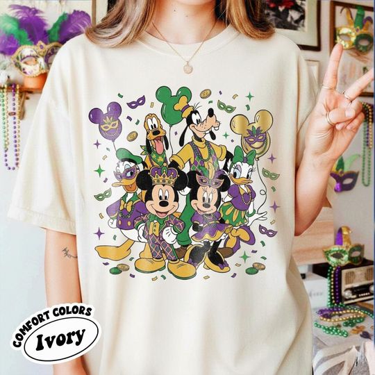 Discover Vintage Mickey & Friends Mardi Gras Shirt, Disney Mardi Gras Carnival Tee, New Orleans Fleur De Lis, Family Disney Trip Tee, WDW Disneyland