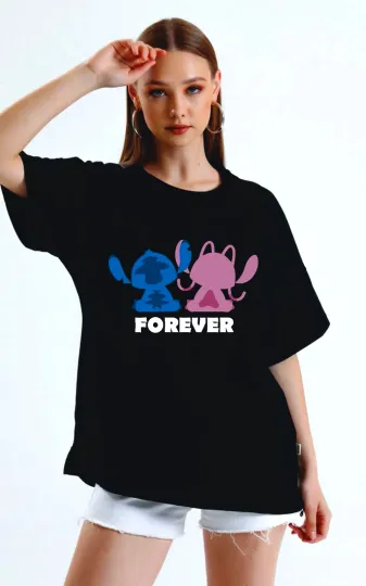 Discover Stitch and Angel Couple T-Shirt Disney Alien Duo Cotton Tee