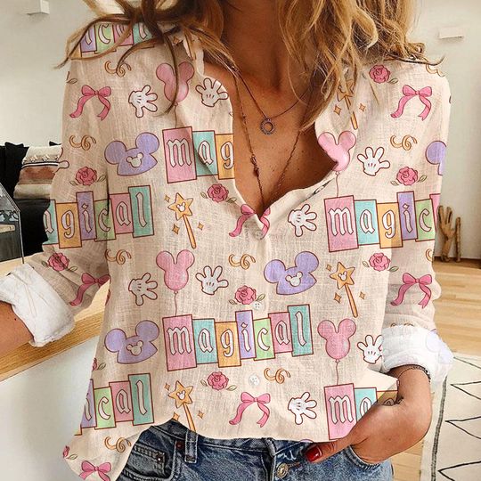 Discover Mickey Balloon Coquette Bow Women's Casual Shirt, Magical Castle Button Up Shirt, Disney Vintage Shirt