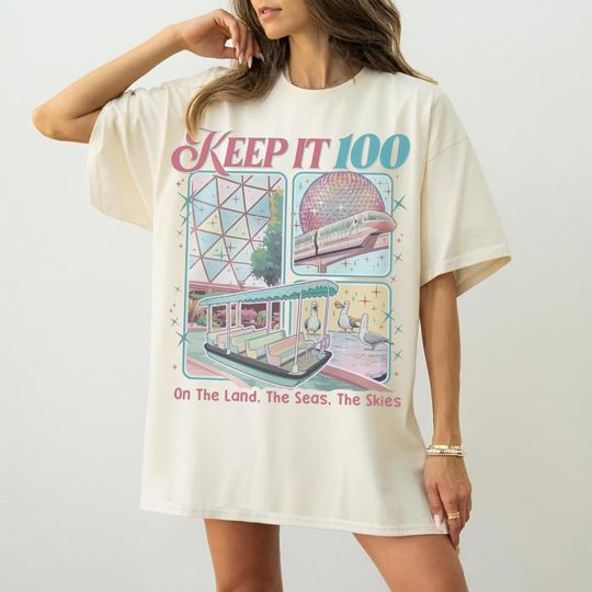 Discover Vintage Keep It 100 On The Land The Seas The Skies Shirt, Disney Boat Seagull Tee, Disney Parks with Spaceship Earth Shirt, Disney Epcot Tee