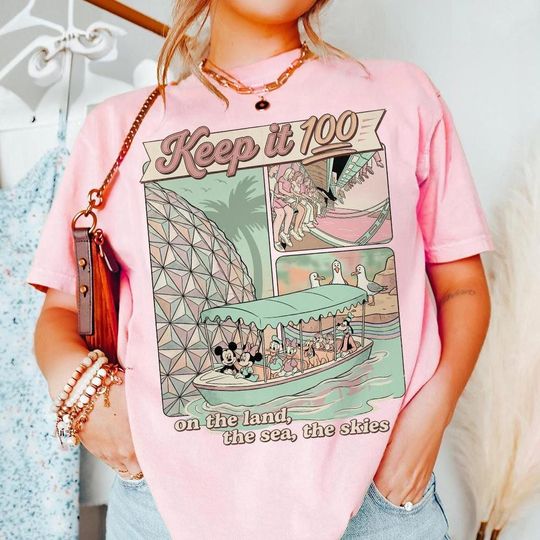 Discover Keep It 100 On The Land The Seas The Skies Shirt, Disneyland Boat Seagull Tee, Disneyland Parks with Spaceship Earth T-shirt