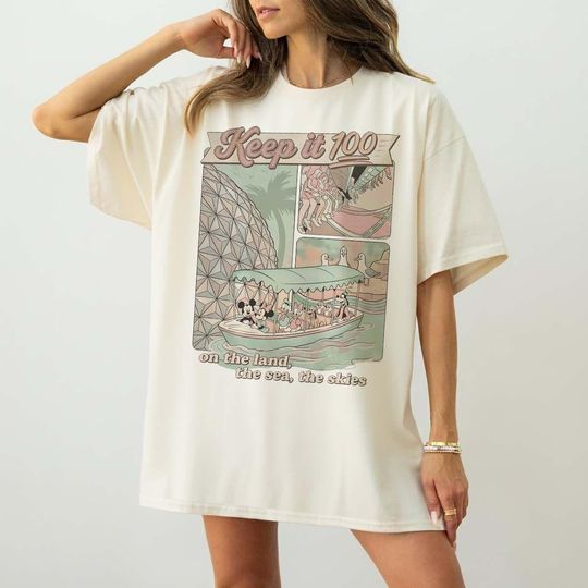 Discover Retro Keep It 100 On The Land The Seas The Skies Shirt, Disney Boat Seagull Tee, Disney Parks with Spaceship Earth Shirt, Disney EPCOT Shirt