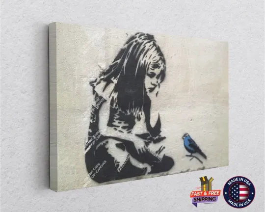 Girl with Blue Bird Banksy Wall Art Canvas Decor Home & Living