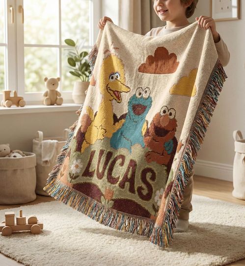 Custom Sesame Street Woven Blanket, Personalized Elmo Big Bird Cookie Monster Throw, Vintage Nursery Decor, Kids Birthday Gift