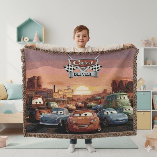 Custom Cars Woven Blanket, Lightning McQueen and Mater, Kids Tapestry