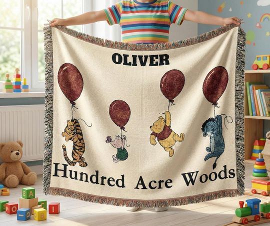 Personalized Winnie the Pooh Woven Blanket, Classic Pooh Tapestry Throw, Hundred Acre Wood Nursery Decor, Tigger Eeyore Piglet Gift