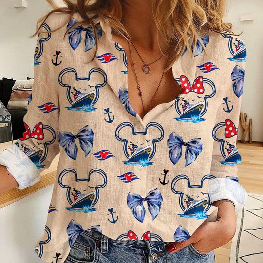 Discover Disney Coquette Bow Mickey Friend Cruise Line Women's Casual Shirt, Button Up Shirt, Disney Vintage Shirt
