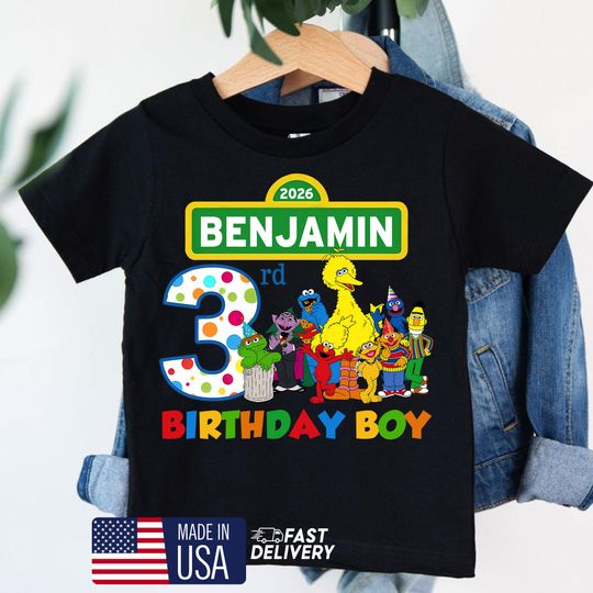 Sesame Street Birthday Shirt for Kids, Custom Name Tee with Elmo, Big Bird & Friends, Personalized Birthday Outfit for Toddler Boys