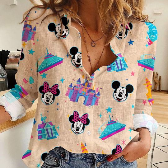 Discover Mickey Minnie Disneyland 70th Celebration 70 Years Women's Casual Shirt, Button Up Shirt, Disney Vintage Shirt