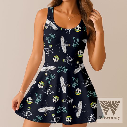 Jack Skellington Summer Vibes Surf Skater Dress, Nightmare Before Christmas Dress, Disneyland Trip Summer Dress