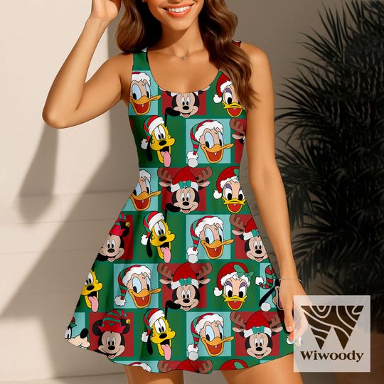 Discover Mickey Elf Friend Red Green Box Skater Dress, Very Merry Christmas Dress, Disneyland  Christmas  Party 2025 Outfit