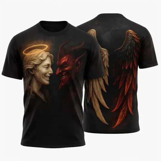 Discover Unisex Angel vs Demon 3D T-Shirt Gothic Fantasy Graphic Tee Dark Art