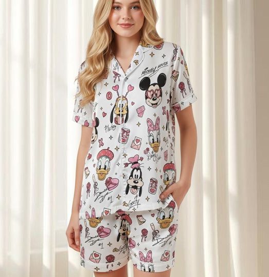 Discover Mickey and Friends Pajamas Set, Mickey Valentine Sleepwear, Mickey Donald Tiger Goofy Pajamas Set, Gift For Fan