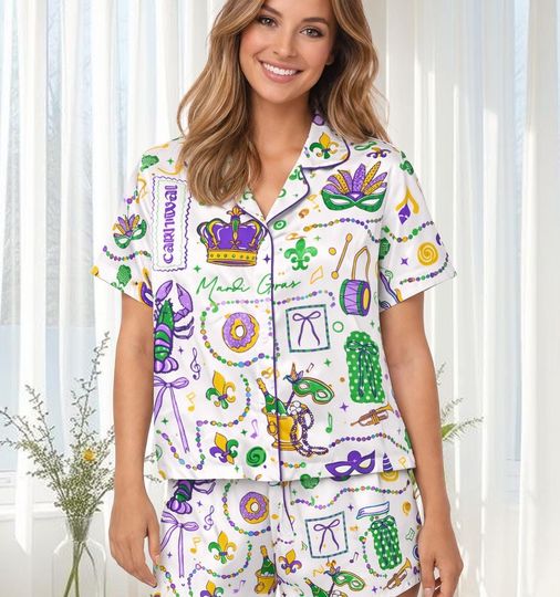 Discover Mardi Gras Carnival Pajamas Set, Mardi Gras Pajama For Women Men, New Orleans Cruise Holiday Pajamas, Mardi Gras Coquette Pajamas