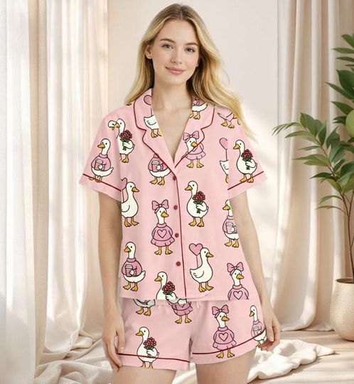 Discover Silly Goose Valentines Pajamas, Cute Valentine Goose Pajamas, Coquette Valentine Pajamas, Valentine Goose Women Pajamas