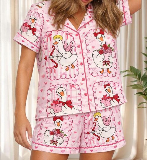 Discover Silly Goose Valentines Pajamas, Cute Valentine Goose Pajamas, Pink Coquette Valentine Pajamas, Valentine Goose Women Pajamas