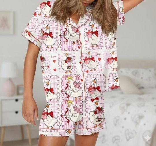 Discover Silly Goose Valentines Pajamas, Cute Valentine Goose Pajamas, Pink Coquette Valentine Pajamas, Valentine Goose Women Pajamas