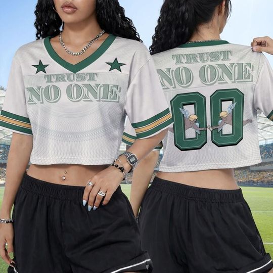 Trust No One Jersey Crop Top Shirt, Cupid Money Graphic Jersey, Streetwear Sports Tee, Unisex Football Style Jersey