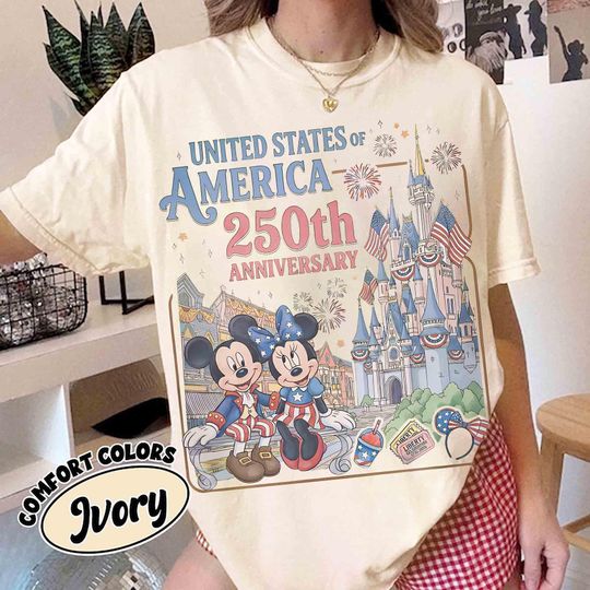 Discover Comfort Color USA Mickey and Minnie 250th Anniversary T-Shirt, Disney Main Street Magic Kingdom Disney World Family Trip Gift 2026