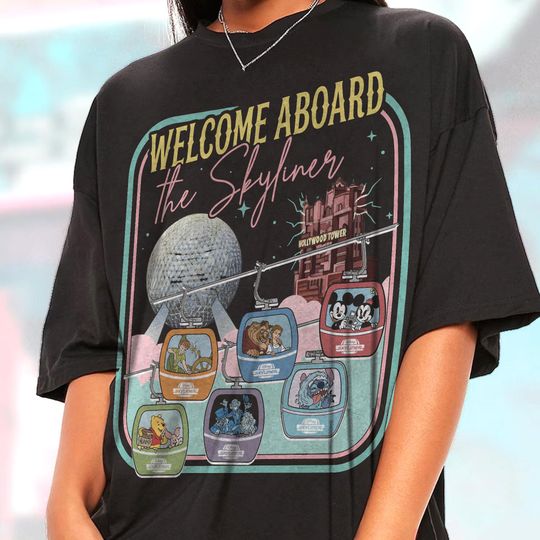 Discover Disney Skyliner See The World From Above T-Shirt, Epcot Mickey and Friends Welcome Aboard Resort Tee