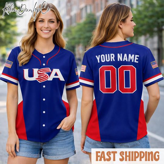 Discover USA Baseball Fan Jersey Custom Name Number Button Front 3D Shirt Navy Red White, International Baseball Tournament 2026 Supporter Gift