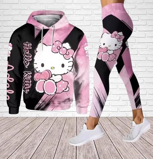 Personalized Hello Kitty Hoodie Leggings Set, Cute Kitty Cat Hoodie, Cute Cat Women Leggings, Girls Hoodie, Christmas Gifts