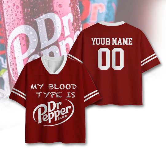 Discover My Blood Type Is Dr Pep-per Football Jersey, Funny Soda Shirt, Custom Name Number Outfit, Vintage Soda Fan Gift