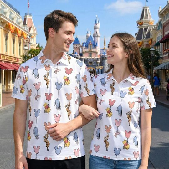 Discover Sweet Pastel Winnie the Pooh Balloon Polo Shirt, Hundred Acre Wood Tigger Eeyore Piglet Floating Outfit, Summer Vacation Men Golf Shirt