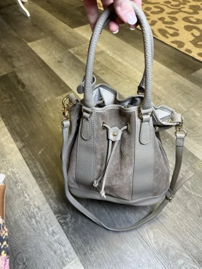 Discover Valentina Italy Genuine Leather & Suede Drawstring Tote Bag – Taupe Gray