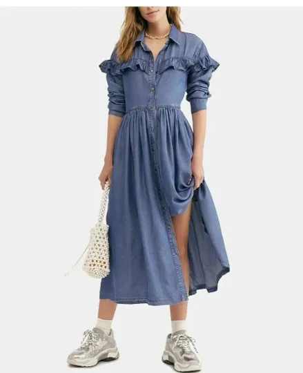 Discover FREE PEOPLE Chambray Blue Ruffle Denim Jean Midi Button-Up Shirt-Dress XS = 0/2