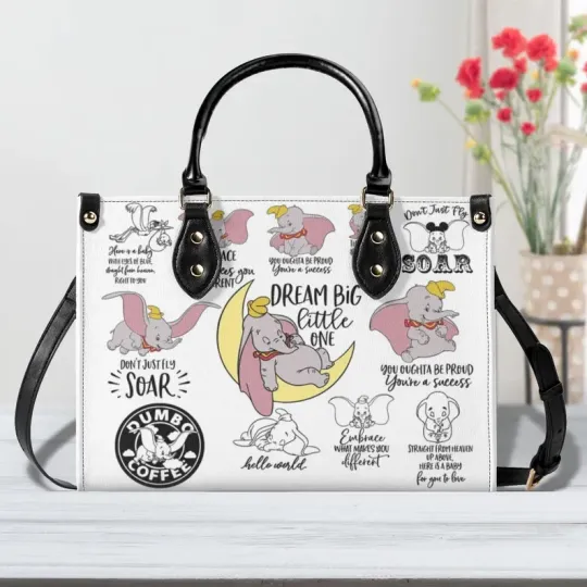 Discover Dumbo Motivational Leather Handbag, Animal Handbag, Dream Big Little One Bag