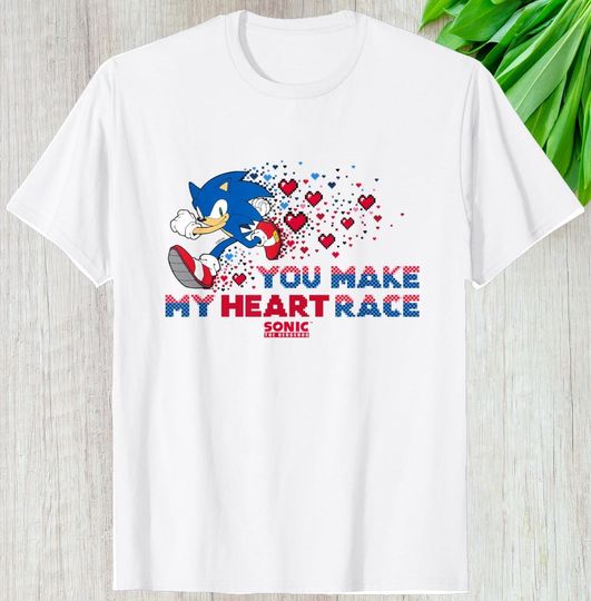 Discover Sonic Valentines Day Shirt, You Make My Heart Race Gaming Custom Gift Love Day Cute Graphic Tee
