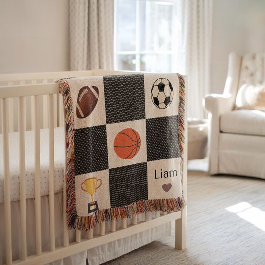 Discover Personalized Sport Blanket, Sports Nursery Decor Newborn Name Blanket 1st Birthday Gift Woven Baby Blanket Basketball Sport Baby Shower Gift