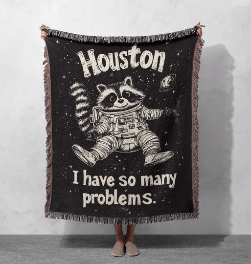 Discover Houston Raccoon Woven Blanket 100% Cotton - Funny Space-Themed Throw, Cottagecore Tapestry
