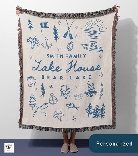 Discover Custom Lake House Woven Blanket Housewarming Christmas Gift, Personalized Family Name Cottage Fringe Blanket, Nautical Lake Life Decor
