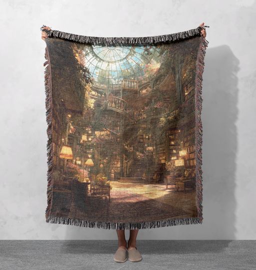 Discover Vintage Library Woven Blanket , Reading Lover Woven Blanket, Bookworm Cozy Throw Woven Blanket, Home Decor Woven Blanket Gift.