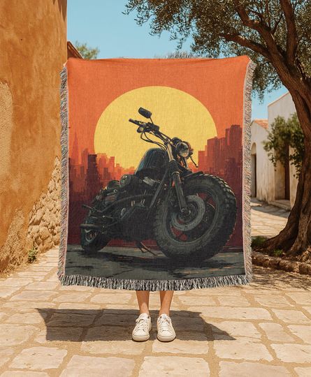 Discover Motorcycle Lover Woven Blanket, Biker Life Woven Blanket, Sunset Ride Woven Blanket, Adventure Hobby Blanket, Urban Landscape
